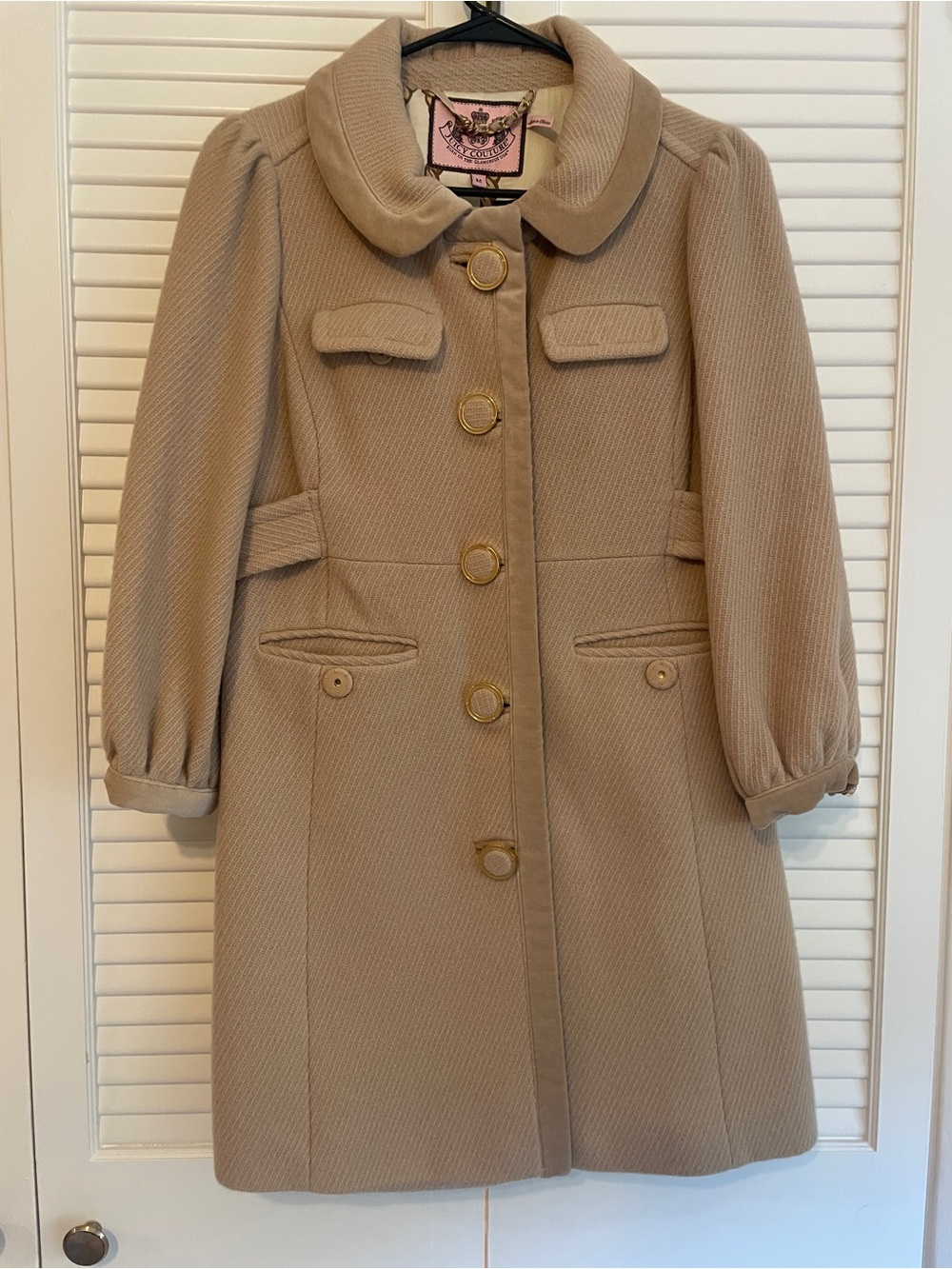 Vintage Juicy Couture Jane Beige Wool Cashmere Blend Coat with Rounded Collar